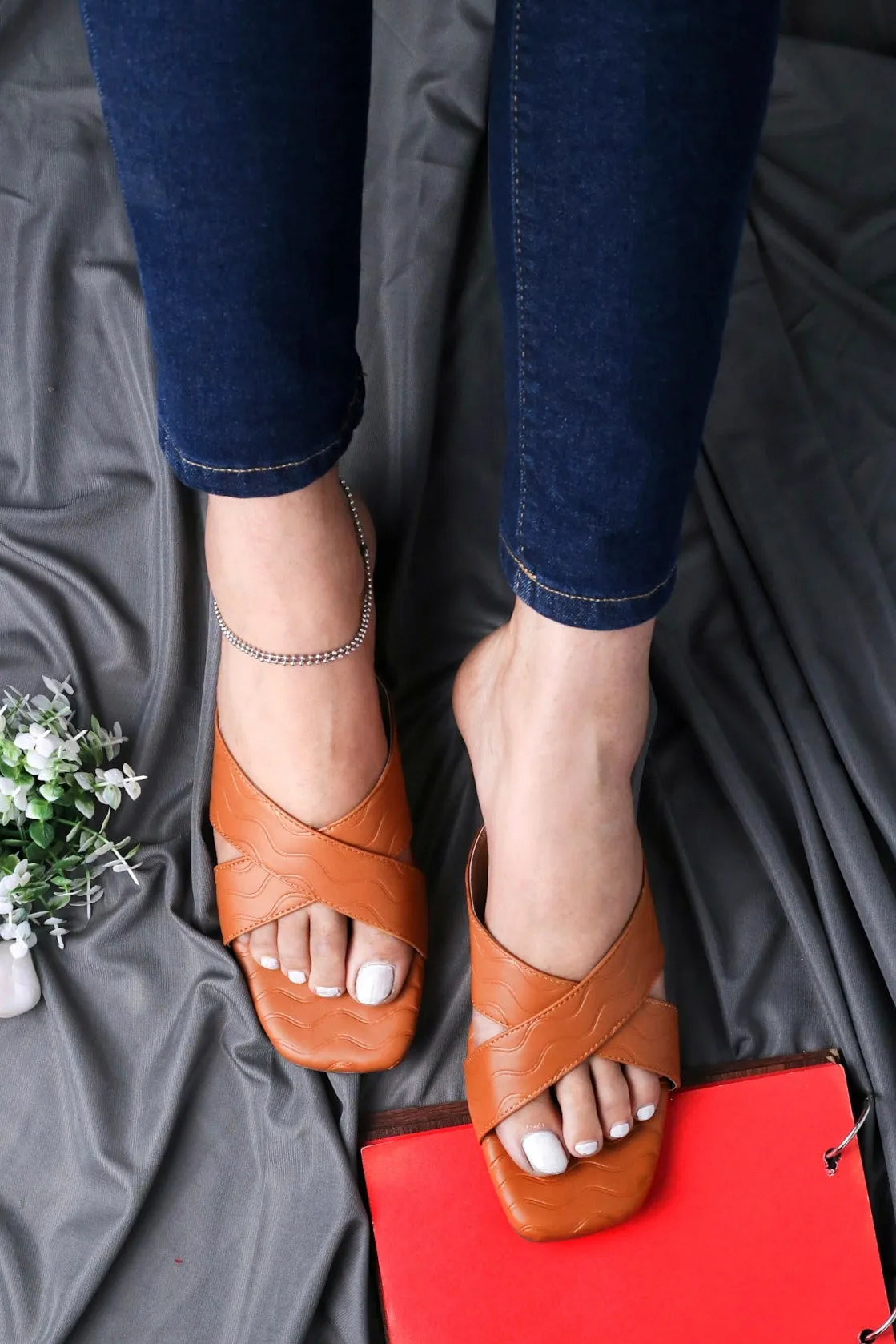 Brauch Tan Cross Strap Patterned Flats
