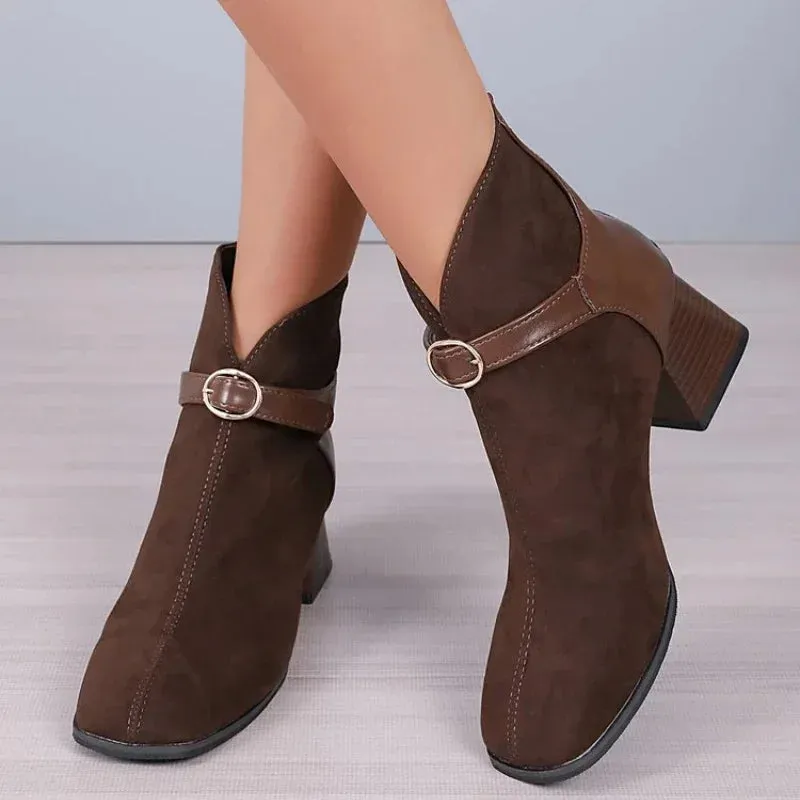 Joskaa 2024 Women's Chunky Heeled Ankle Boots, Solid Color Side Zipper High Heels, Stylish Short Boots