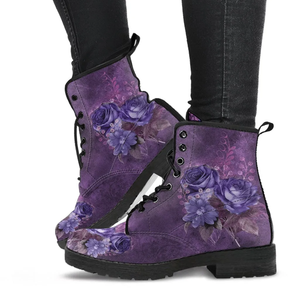 Purple Gothic Floral Vegan leather Combat Boots - Dark Victorian Roses Boots (JPREG71)