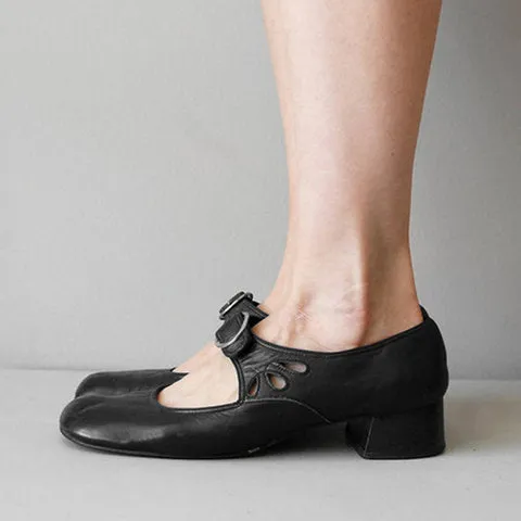 Retro Low Heel Shallow Mouth Single Shoes Versatile Metal Buckle Elegant Heels