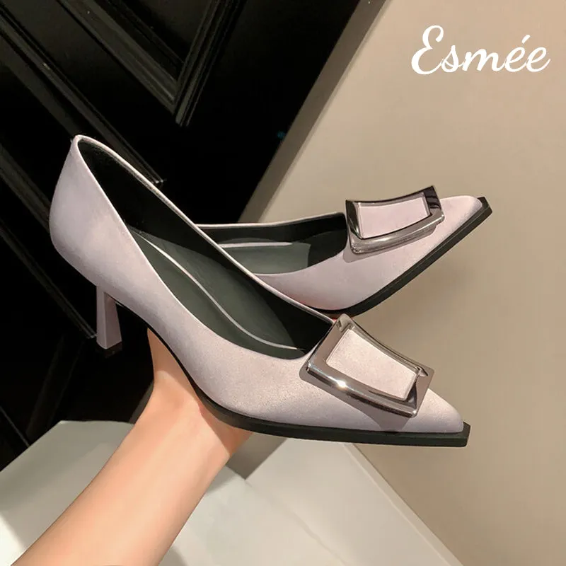 Silk High Heels with Metal Buckle